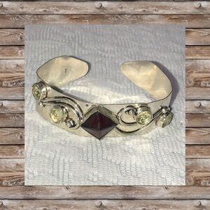 Elegant Silver with Lemon Quartz and Garnet Gemstone Cuff Bracelet .925